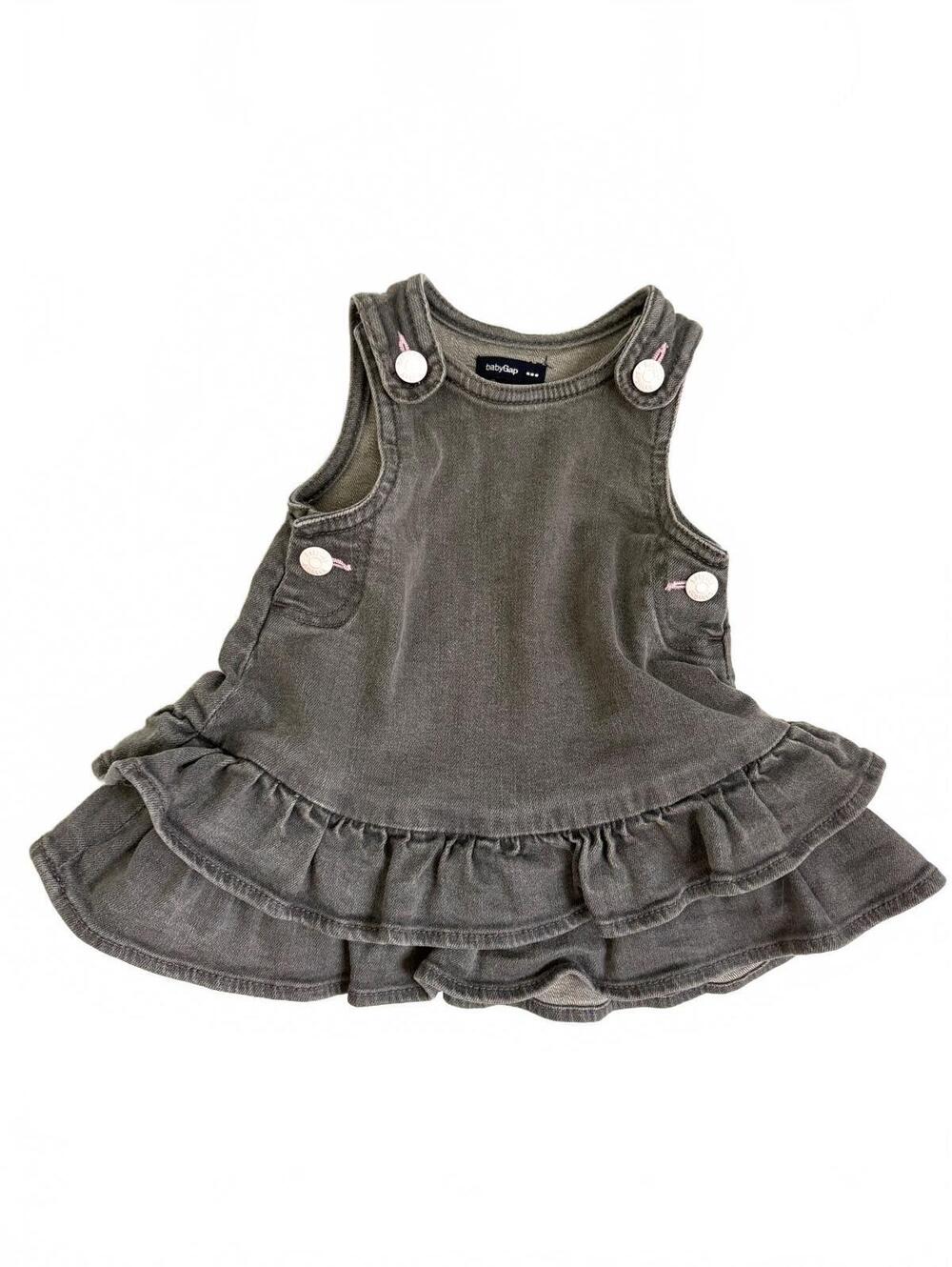 Baby Gap | Dark Distressed Gray Denim Overall Ruffle Dress Pink Snaps Size 3-6mo